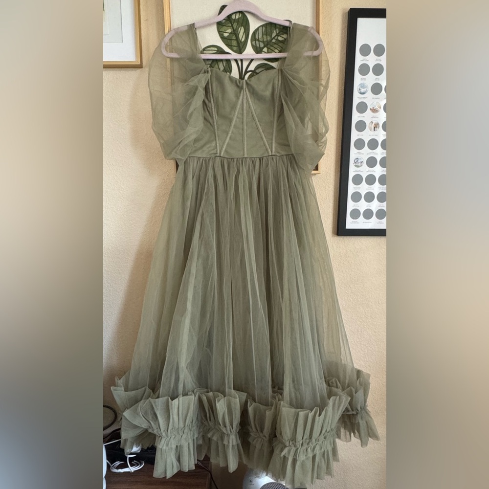 Lace & Beads off shoulder tulle midaxi dress in soft olive